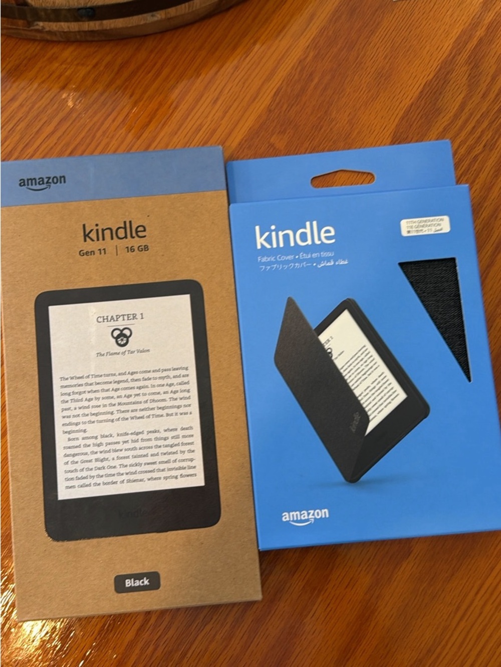 Amazon Kindle Gen 11 eReader with Black Fabric Cover and Brown Retail Box